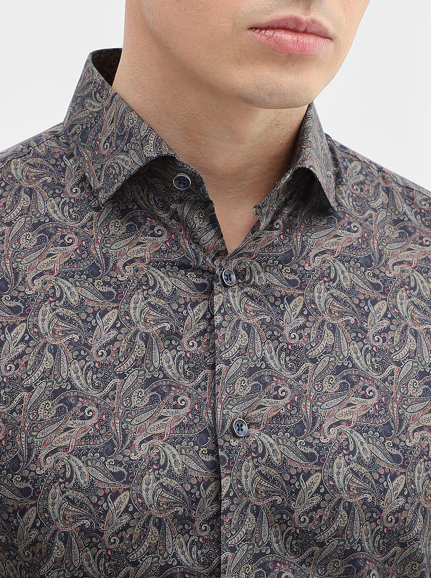 Blue & Grey Printed Slim Fit Party Wear Shirt | Wyre