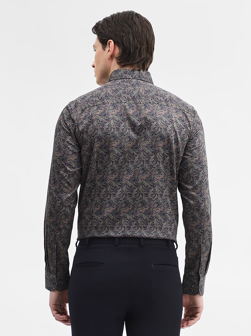 Blue & Grey Printed Slim Fit Party Wear Shirt | Wyre