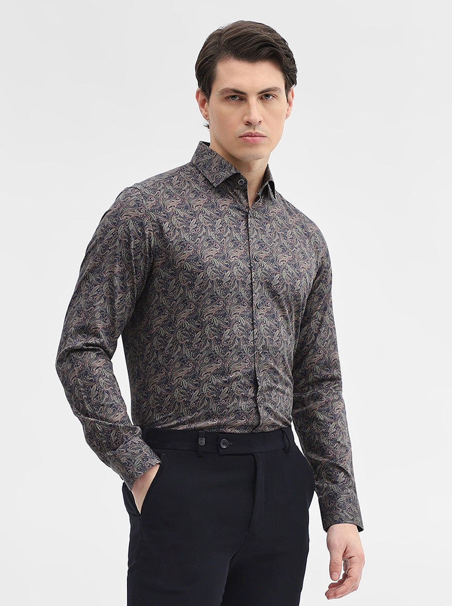 Blue & Grey Printed Slim Fit Party Wear Shirt | Wyre