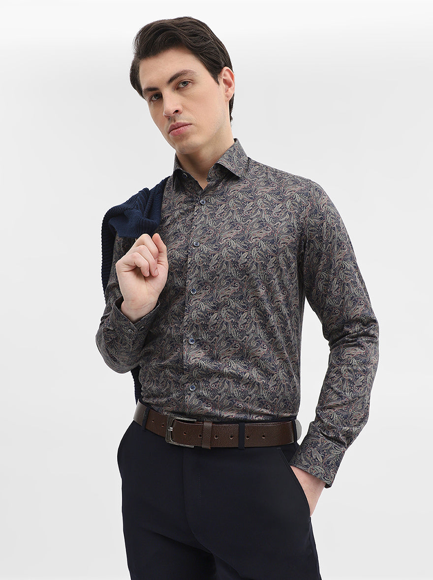 Blue & Grey Printed Slim Fit Party Wear Shirt | Wyre