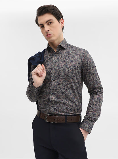 Blue & Grey Printed Slim Fit Party Wear Shirt | Wyre
