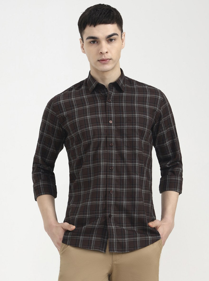 Chocolaty Brown Checked Tailored Fit Semi Casual Shirt | JadeBlue