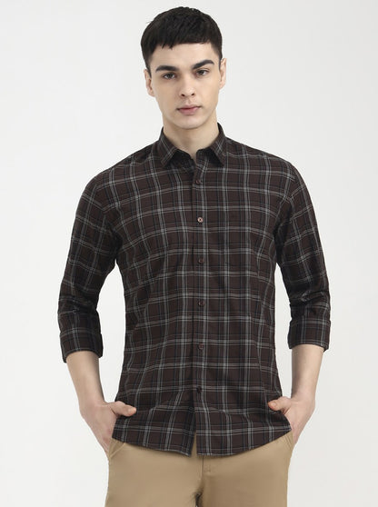 Chocolaty Brown Checked Tailored Fit Semi Casual Shirt | JadeBlue