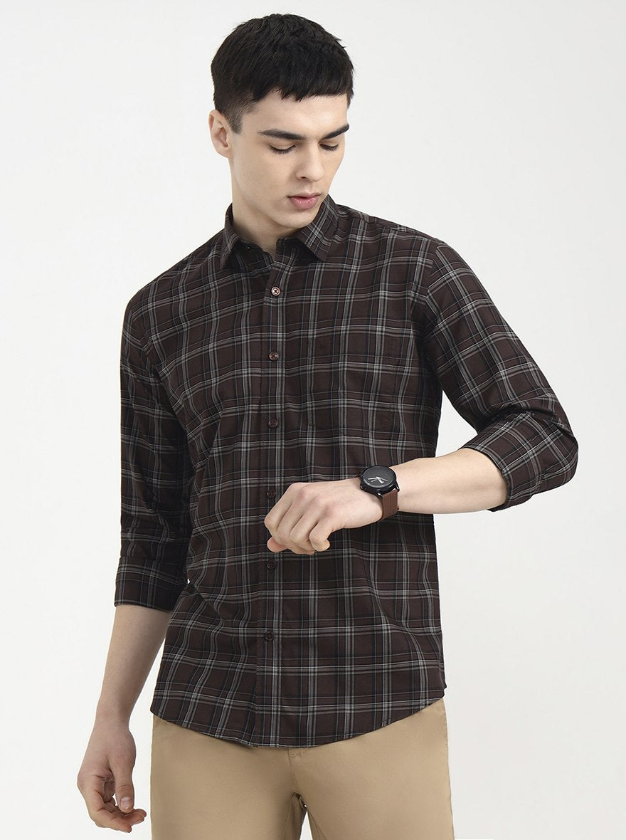 Chocolaty Brown Checked Tailored Fit Semi Casual Shirt | JadeBlue