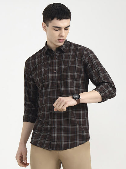 Chocolaty Brown Checked Tailored Fit Semi Casual Shirt | JadeBlue