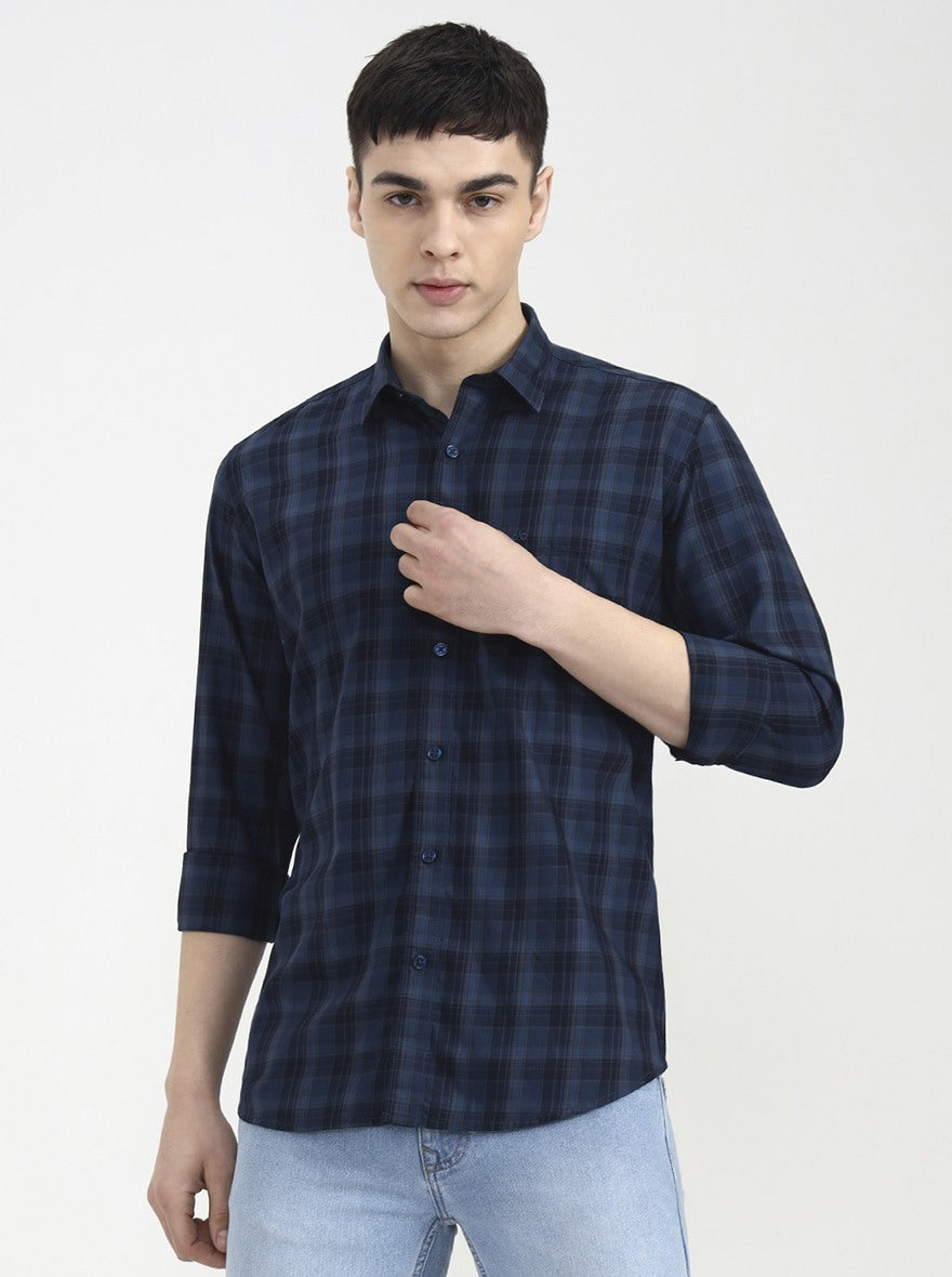 Navy Blue Checked Tailored Fit Semi Casual Shirt | JadeBlue