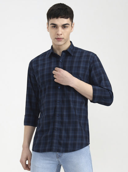 Navy Blue Checked Tailored Fit Semi Casual Shirt | JadeBlue