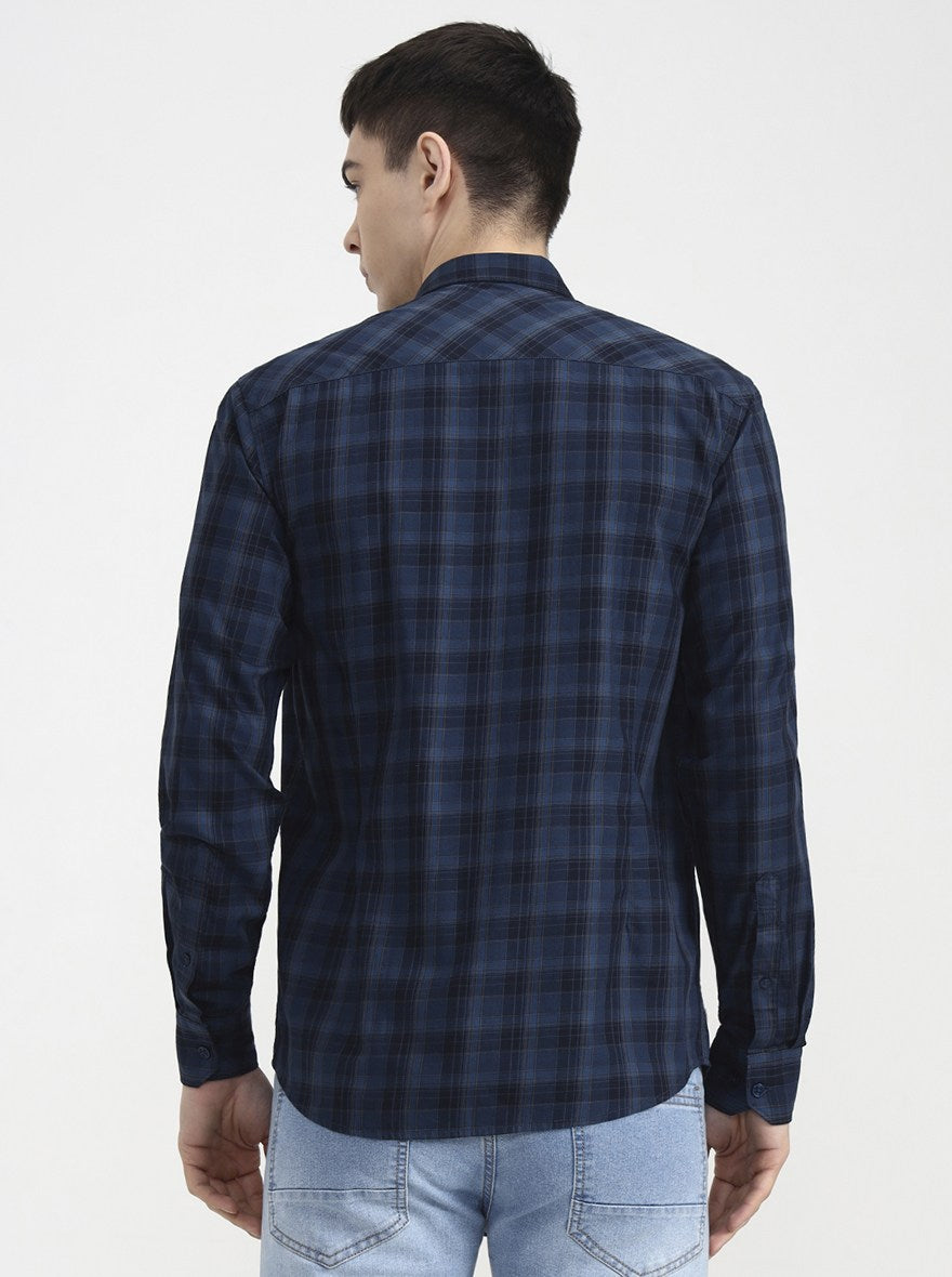 Navy Blue Checked Tailored Fit Semi Casual Shirt | JadeBlue
