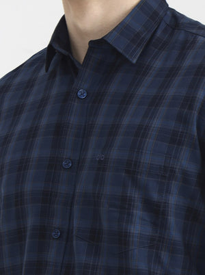 Navy Blue Checked Tailored Fit Semi Casual Shirt | JadeBlue