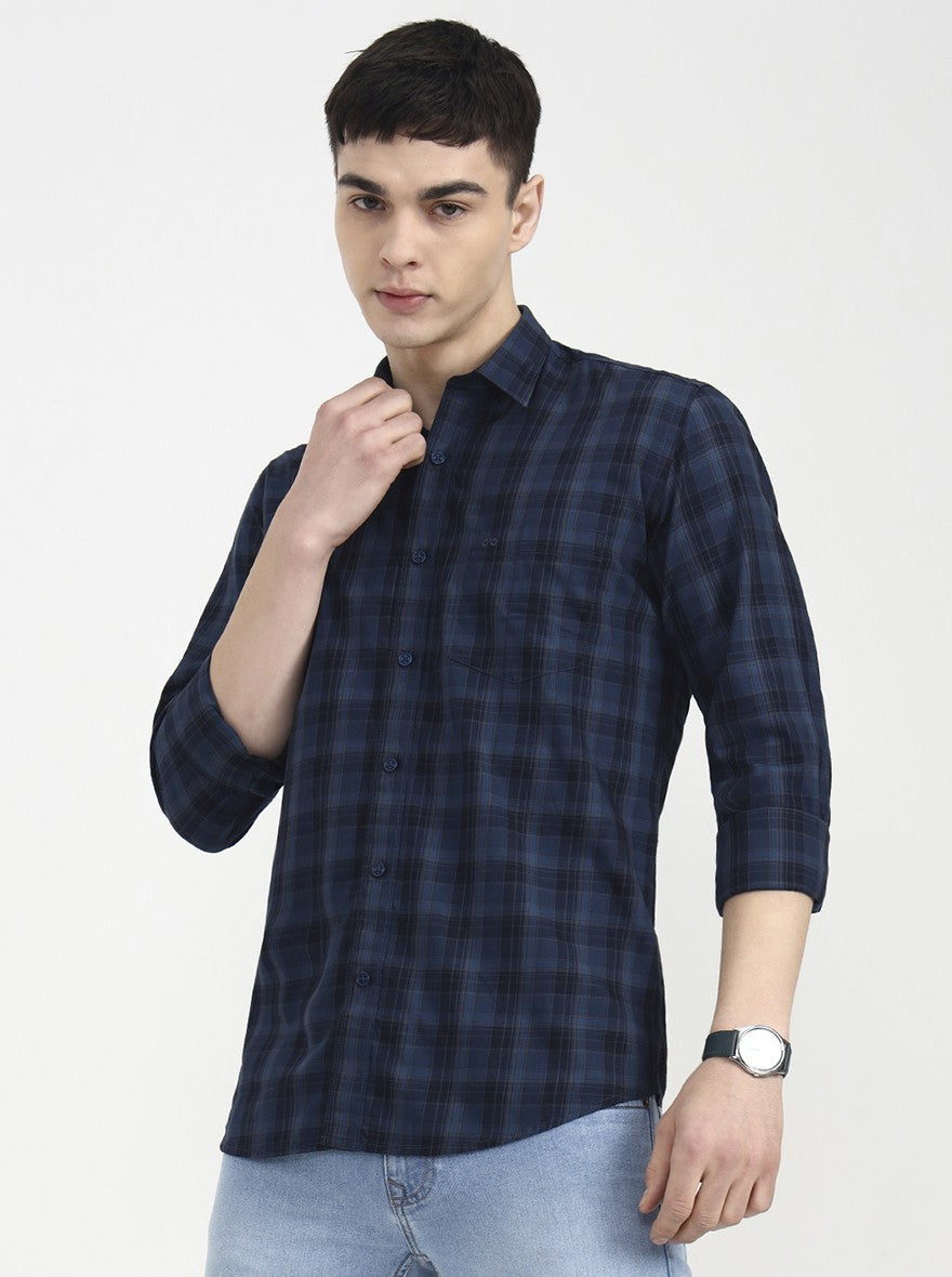 Navy Blue Checked Tailored Fit Semi Casual Shirt | JadeBlue
