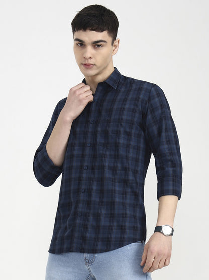 Navy Blue Checked Tailored Fit Semi Casual Shirt | JadeBlue