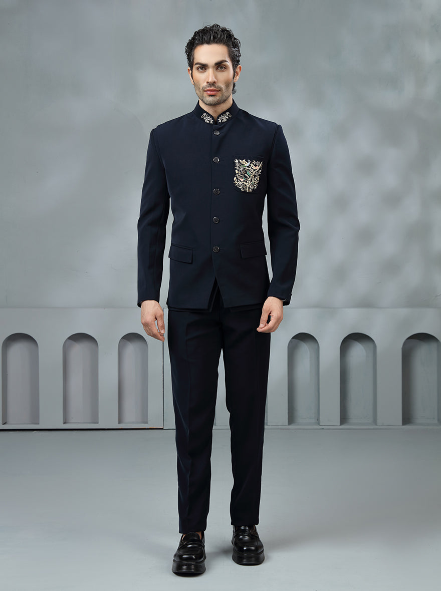 Blue Self Textured Jodhpuri Suit | JadeBlue