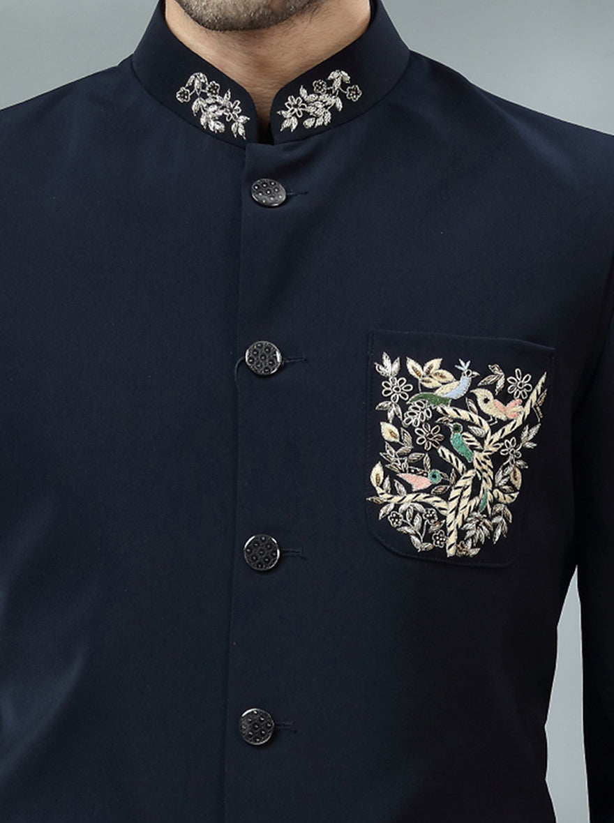 Blue Self Textured Jodhpuri Suit | JadeBlue