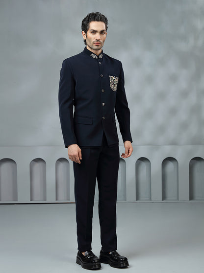 Blue Self Textured Jodhpuri Suit | JadeBlue