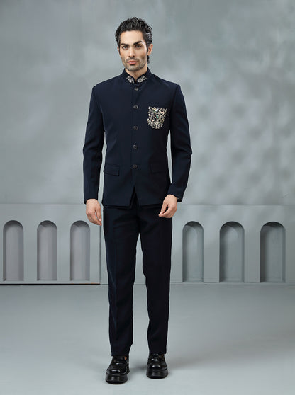 Blue Self Textured Jodhpuri Suit | JadeBlue