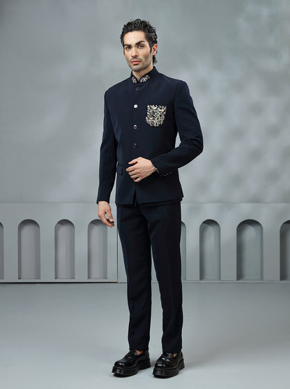 Blue Self Textured Jodhpuri Suit | JadeBlue