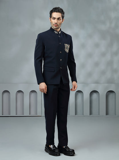 Blue Self Textured Jodhpuri Suit | JadeBlue