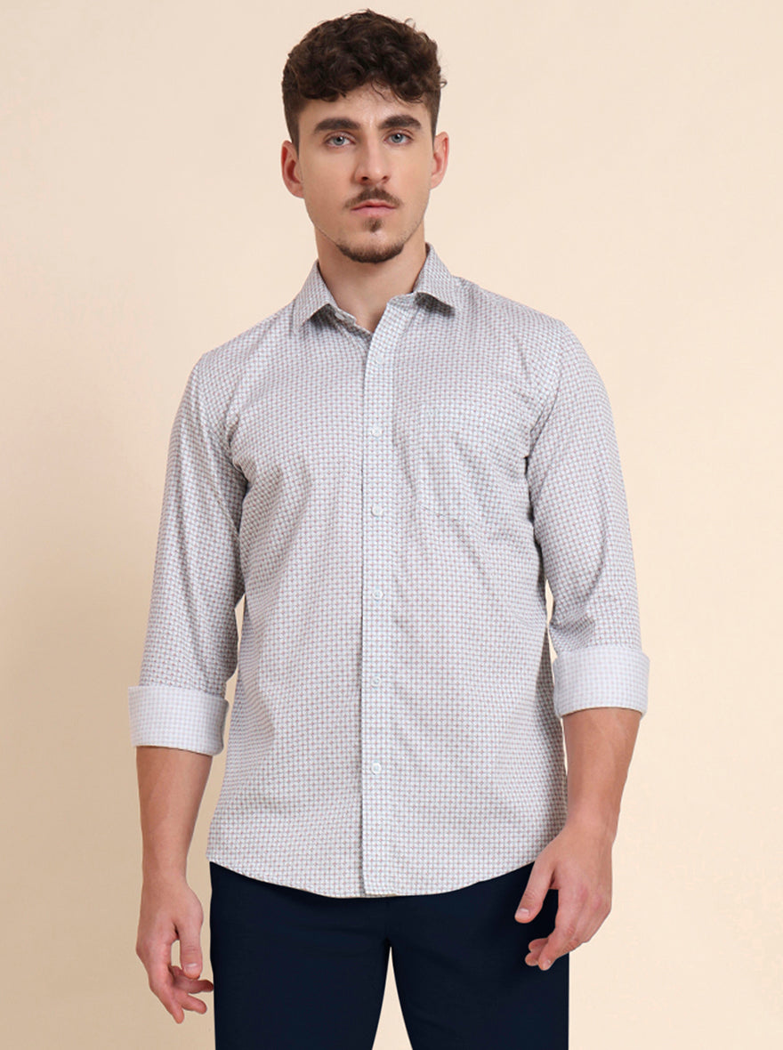 Mint Grey Printed Tailored Fit Semi Casual Shirt | JadeBlue