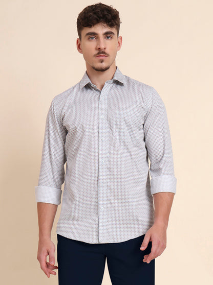 Mint Grey Printed Tailored Fit Semi Casual Shirt | JadeBlue