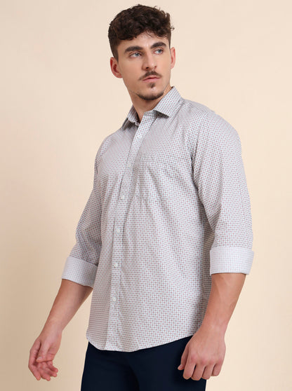 Mint Grey Printed Tailored Fit Semi Casual Shirt | JadeBlue