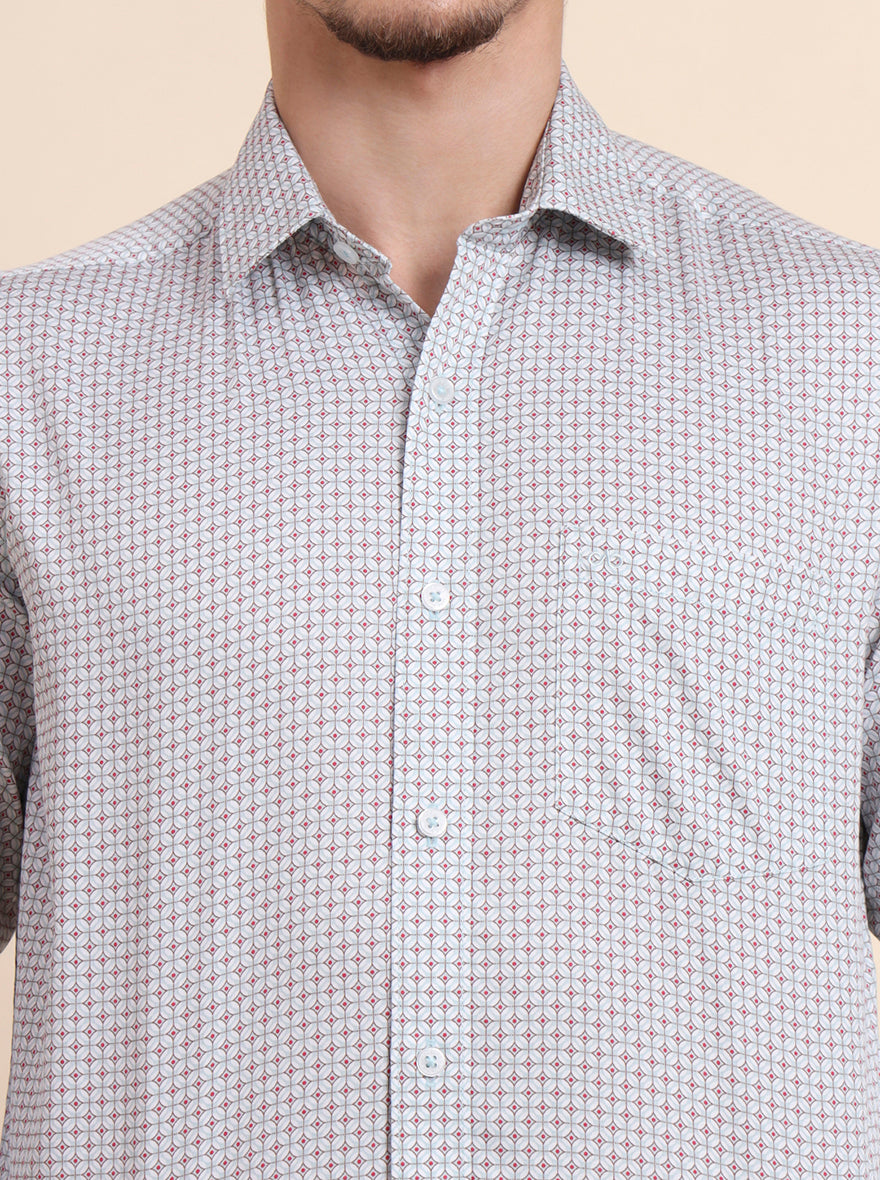 Mint Grey Printed Tailored Fit Semi Casual Shirt | JadeBlue