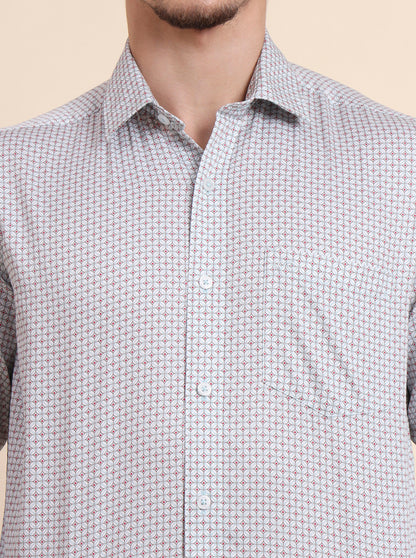Mint Grey Printed Tailored Fit Semi Casual Shirt | JadeBlue