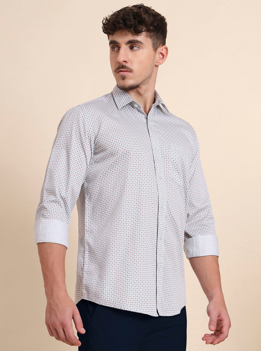 Mint Grey Printed Tailored Fit Semi Casual Shirt | JadeBlue