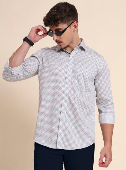 Mint Grey Printed Tailored Fit Semi Casual Shirt | JadeBlue