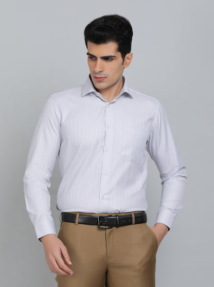 Light Grey Striped Slim Fit Formal Shirt | Greenfibre