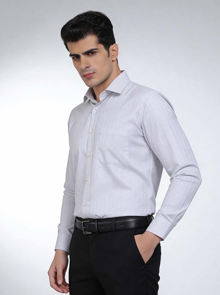 Light Grey Striped Slim Fit Formal Shirt | Greenfibre