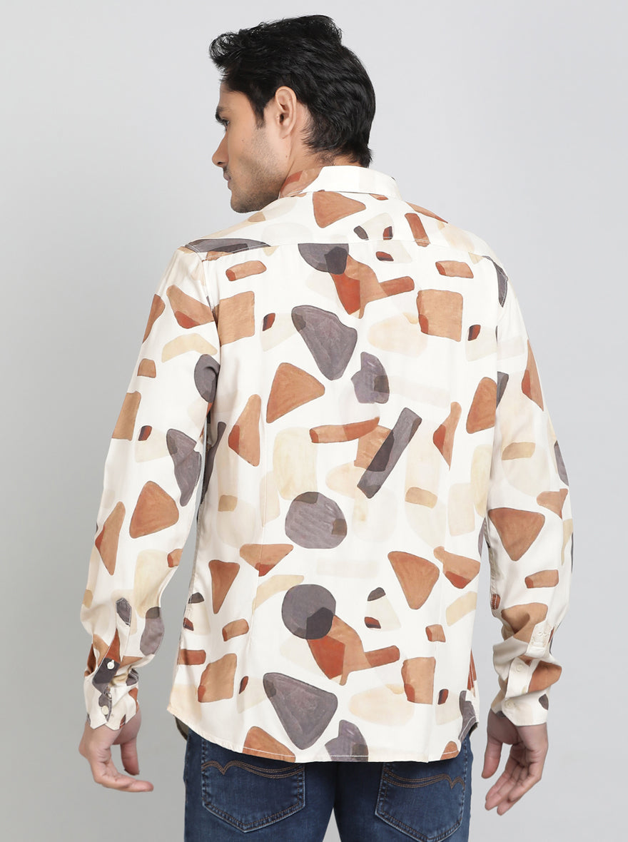 Cream Printed Slim Fit Casual Shirt | JadeBlue
