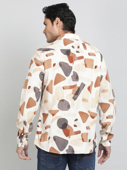 Cream Printed Slim Fit Casual Shirt | JadeBlue