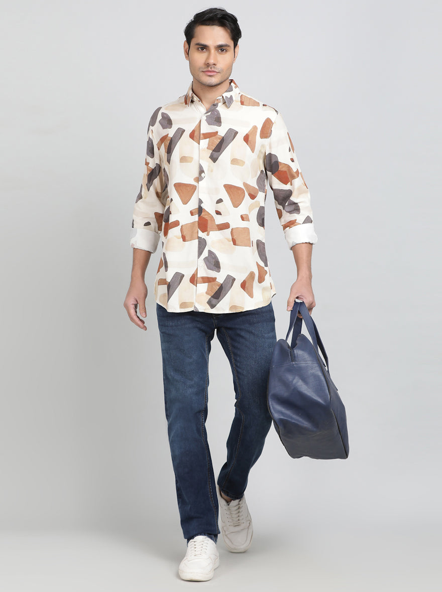 Cream Printed Slim Fit Casual Shirt | JadeBlue