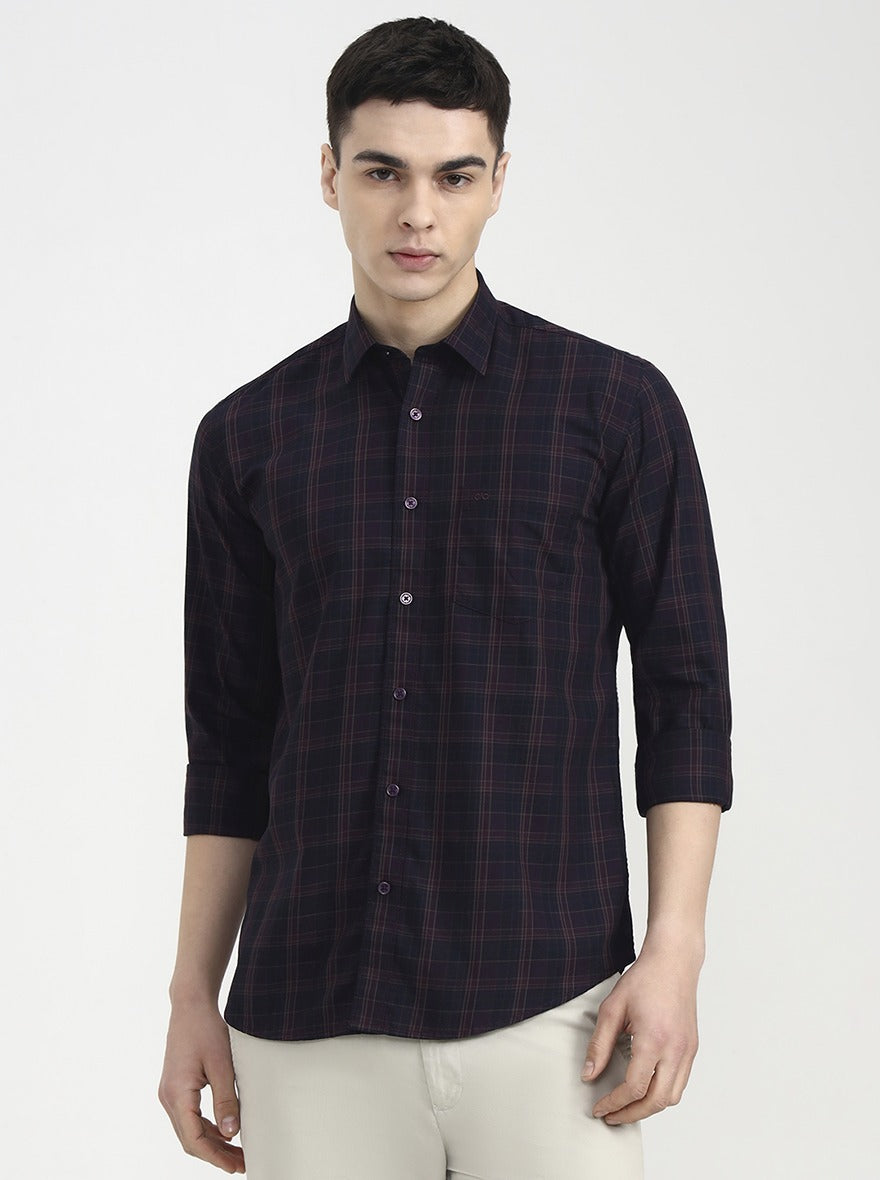 Purple Checked Tailored Fit Semi Casual Shirt | JadeBlue