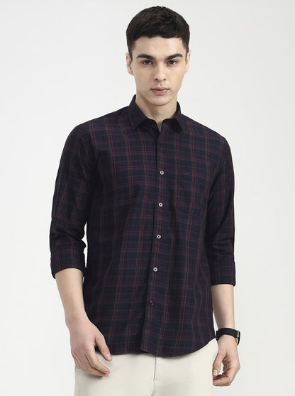 Purple Checked Tailored Fit Semi Casual Shirt | JadeBlue