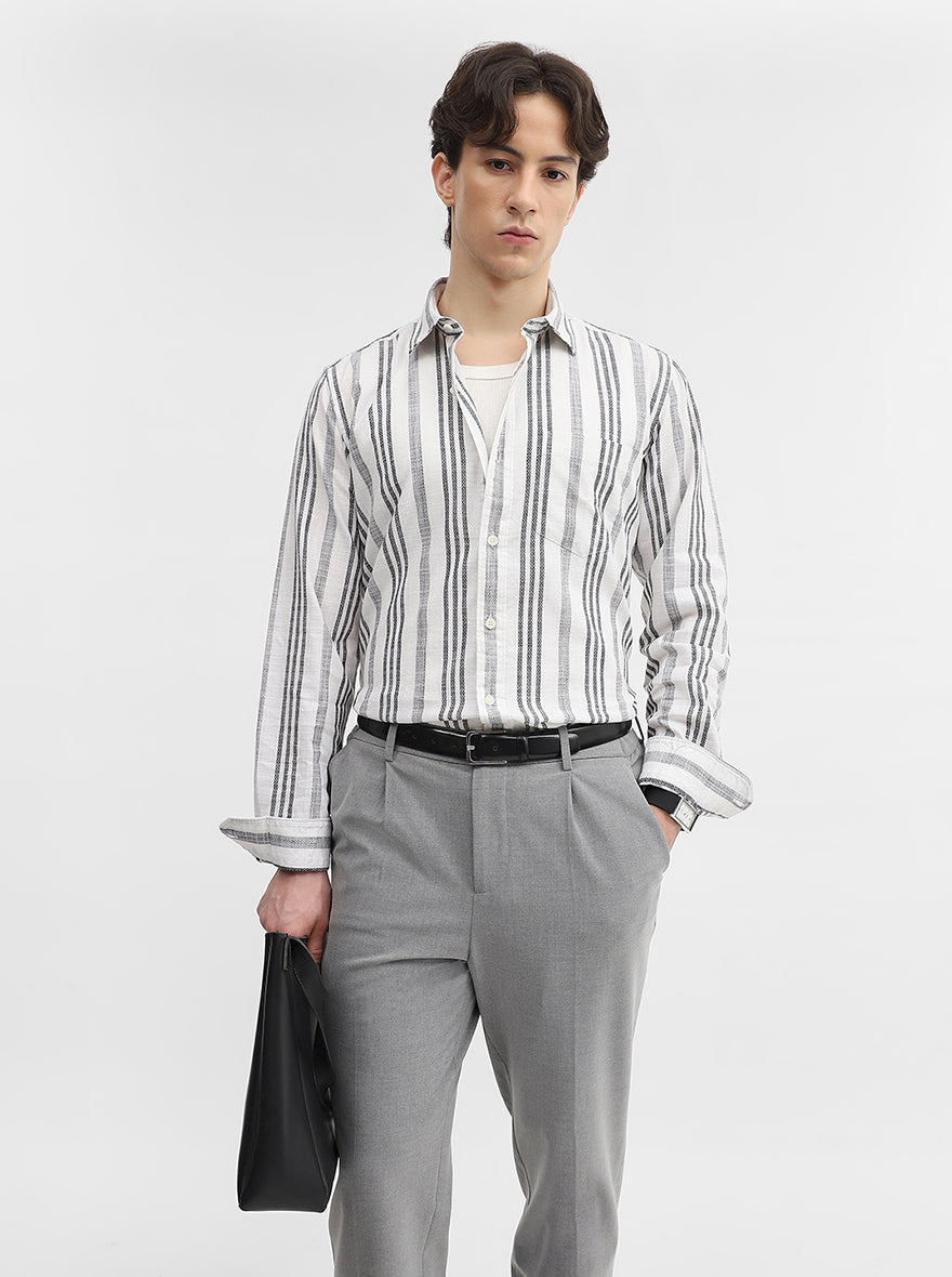 White & Grey Striped Slim Fit Casual Shirt | JadeBlue