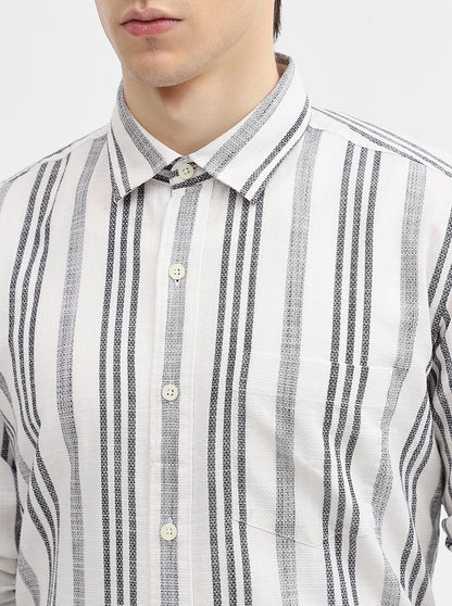 White & Grey Striped Slim Fit Casual Shirt | JadeBlue