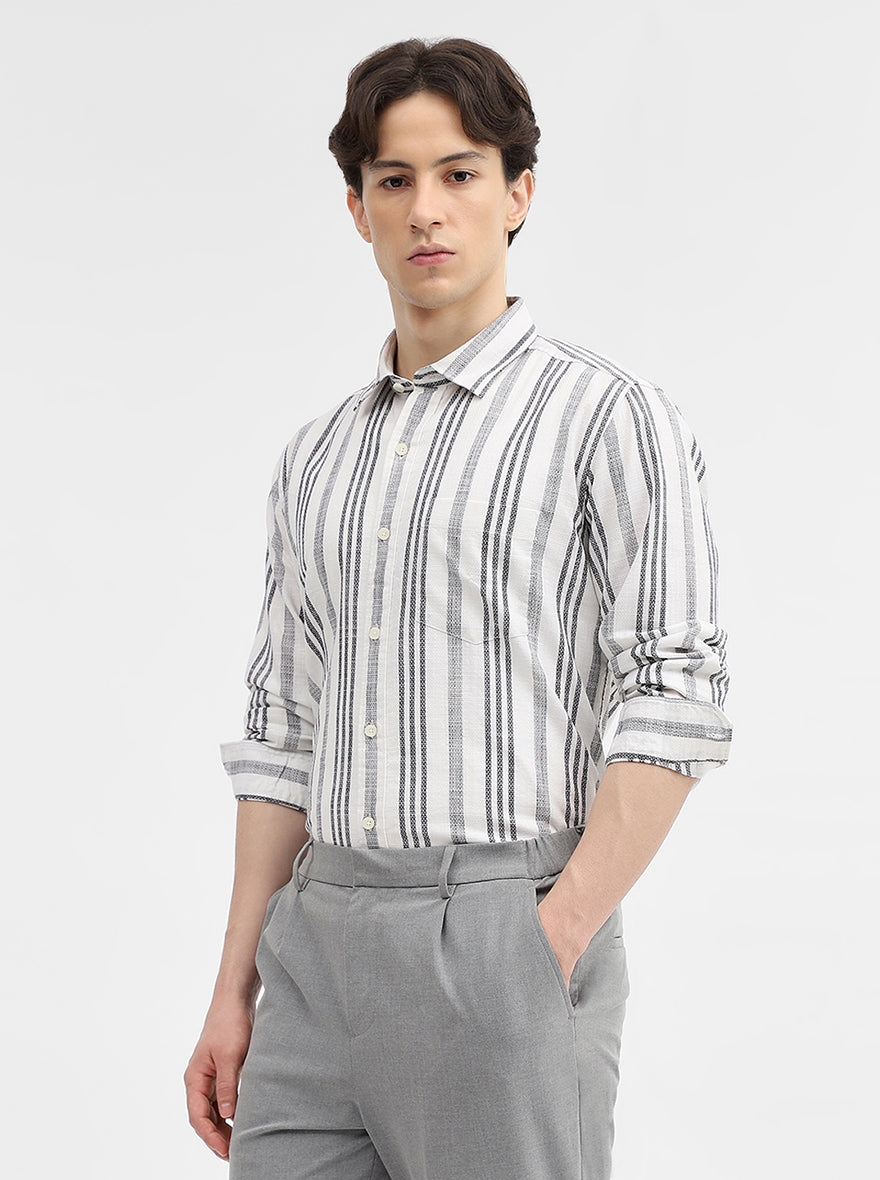 White & Grey Striped Slim Fit Casual Shirt | JadeBlue