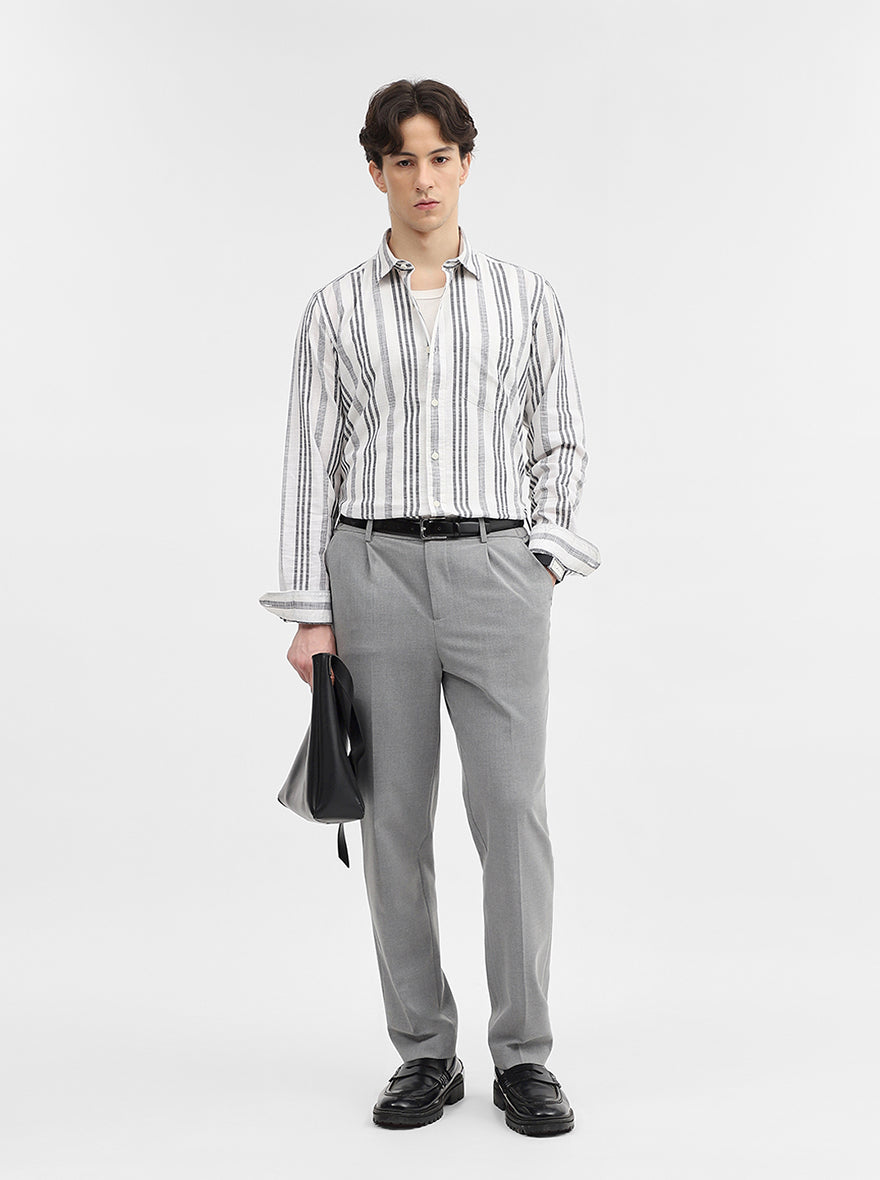 White & Grey Striped Slim Fit Casual Shirt | JadeBlue