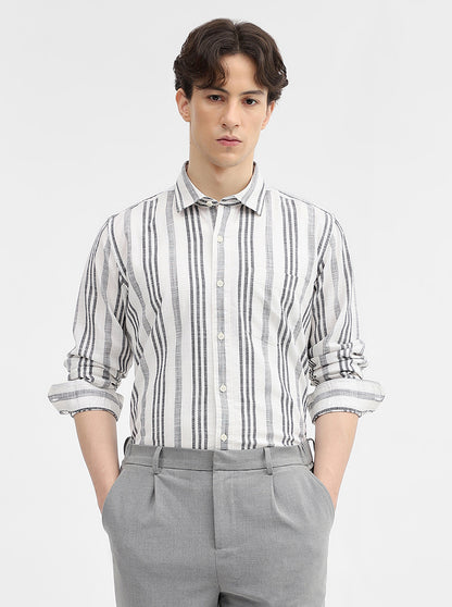 White & Grey Striped Slim Fit Casual Shirt | JadeBlue
