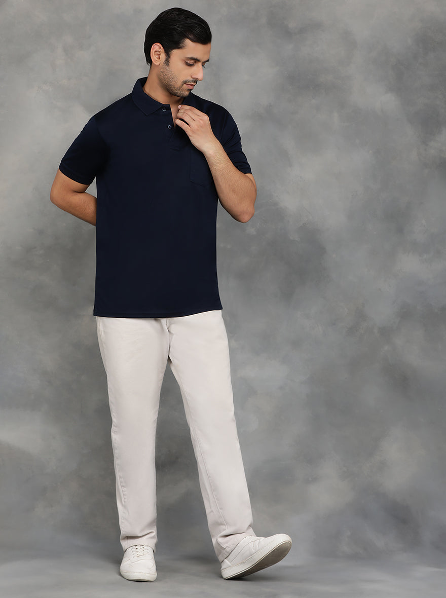 Navy Blue Solid Regular Fit Polo T-Shirt | JadeBlue