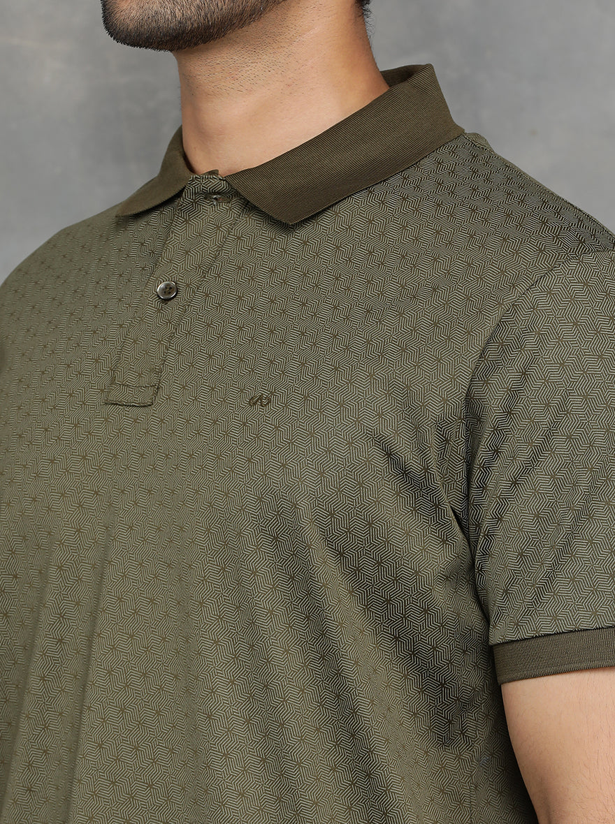 Olive Green Printed Regular Fit Polo T-Shirt | JadeBlue