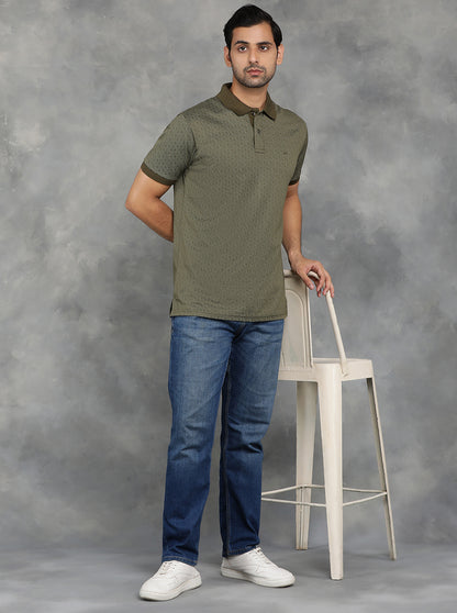 Olive Green Printed Regular Fit Polo T-Shirt | JadeBlue