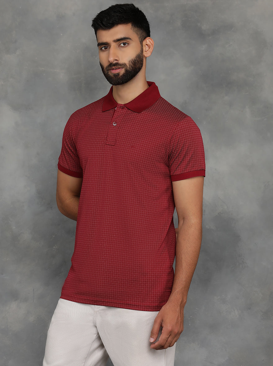 Maroon Printed Regular Fit Polo T-Shirt | JadeBlue