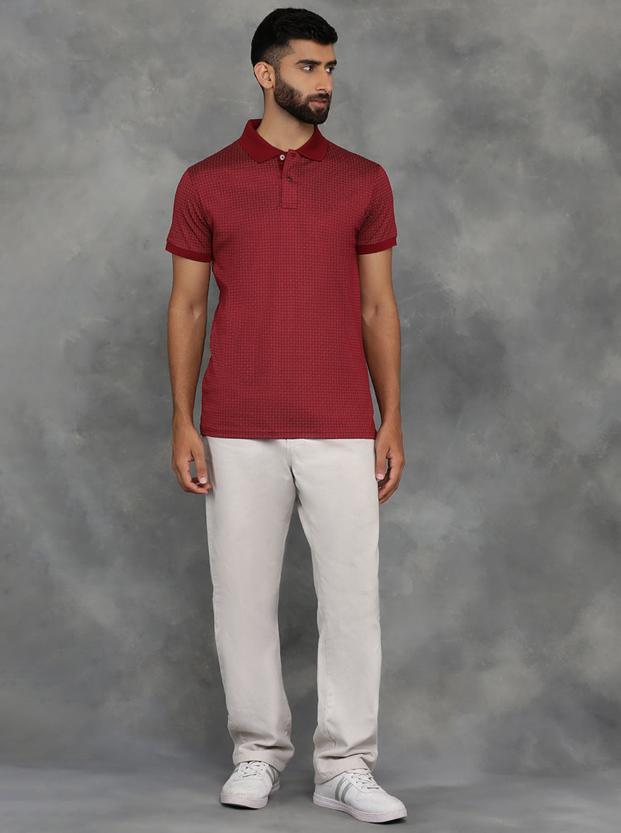Maroon Printed Regular Fit Polo T-Shirt | JadeBlue
