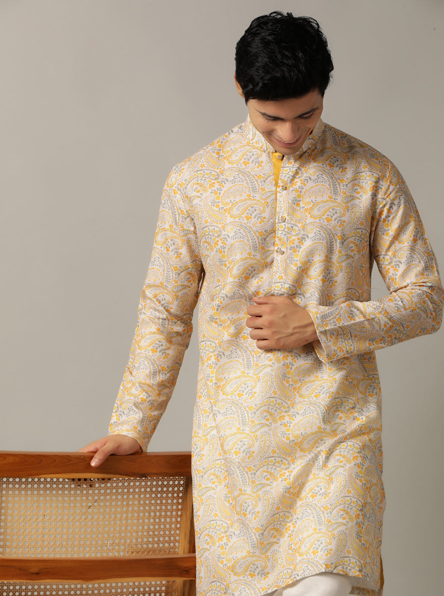 Grey & Mustard Printed Kurta | The Kurta Company