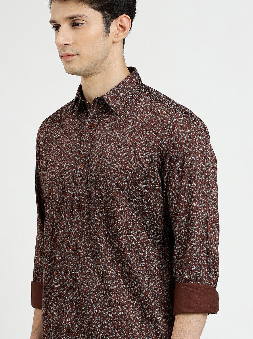 Brown Printed Smart Fit Semi Casual Shirt | Greenfibre