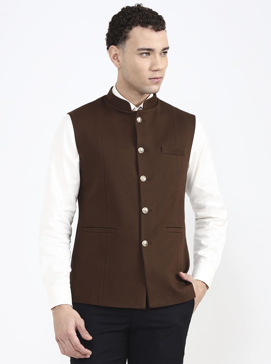 Brown Solid Regular Fit Waistcoat | JB X JB