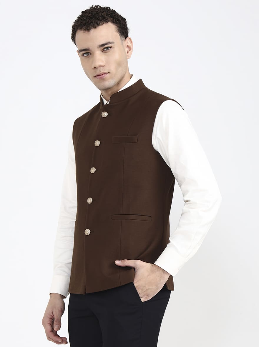 Brown Solid Regular Fit Waistcoat | JB X JB