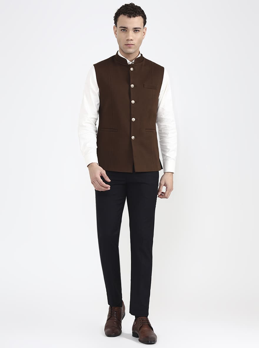 Brown Solid Regular Fit Waistcoat | JB X JB